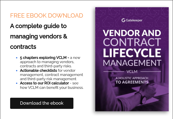 FREE EBOOK DOWNLOAD A complete guide to managing vendors & contracts 5 chapters exploring VCLM - a new approach to managing vendors, contracts and third-party risks.&nbsp; Actionable checklists for vendor management, contract management and third-party risk management Access to our ROI calculator - see how VCLM can benefit your business. &nbsp;