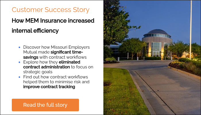 Customer Success Story How MEM Insurance increased internal efficiency Discover how Missouri Employers Mutual made significant time-savings with contract workflows Explore how they eliminated contract administration to focus on strategic goals Find out how contract workflows helped them to minimise risk and improve contract tracking &nbsp;